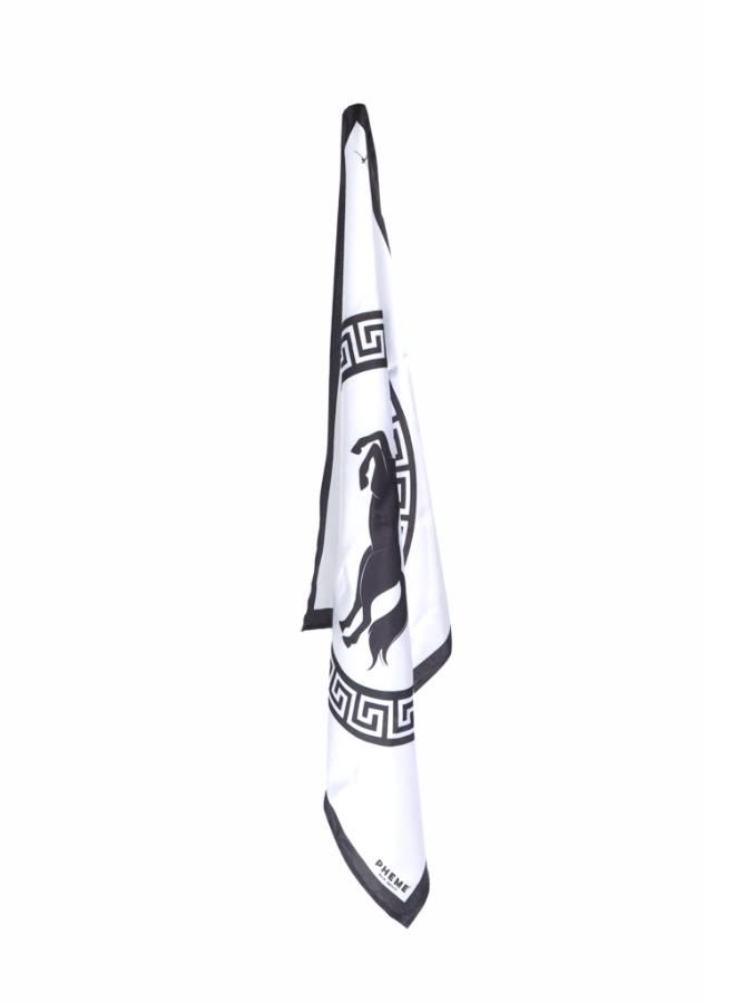 Greek myth design scarf | white and black | hung on hanger| pheme