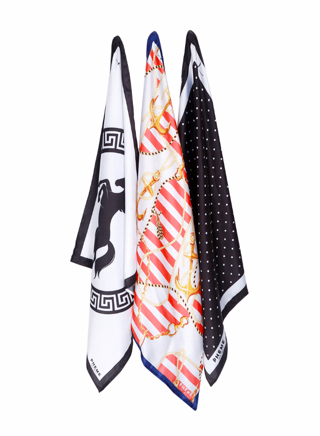 Greek myth scarf, red pirate scarf and black and white polka dot scarf